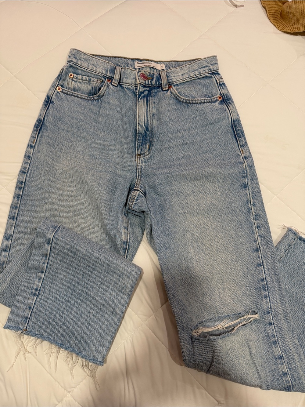 Garage Denim Light Wash Straight Leg Jeans with Knee Distress